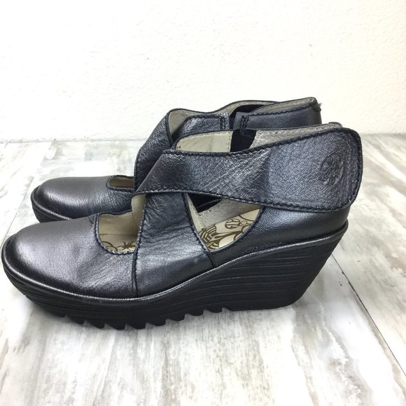 Fly London Shoes - Fly London Pewter Leather  Mary Jane Wedge 40 (10)